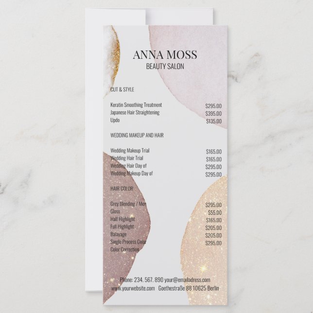 Carte Tarif Parties scintillant Rosegold spécifique au c (Devant)