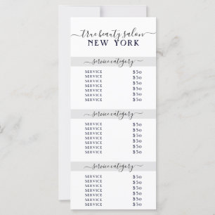 Carte Tarif simple Elegant Salon Blanc Gris