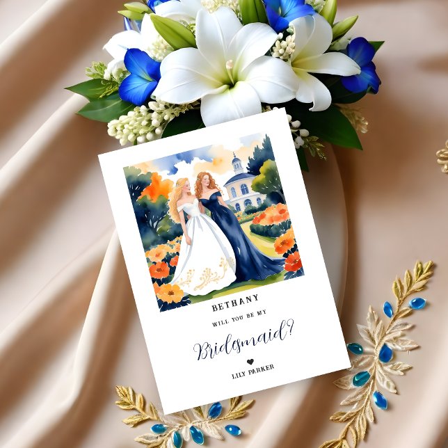 Carte Tarjeta plana (Exquisite Blue Two Caucasian Girls Illustration Watercolor Effect Bridesmaid Proposal Card. )