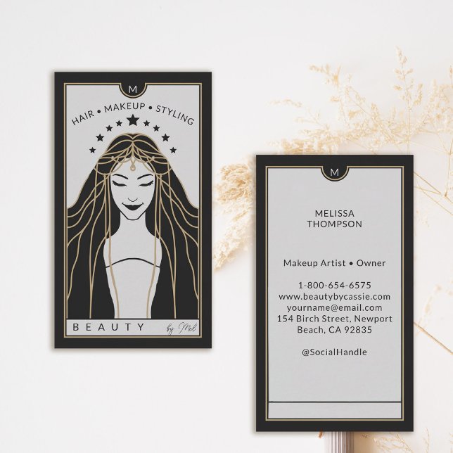 Carte Tarot Maquillage Coiffeur Monogram Gold Blac (tarot business card mystical goddess stars monogram makeup hair lashes psychic reiki healer)