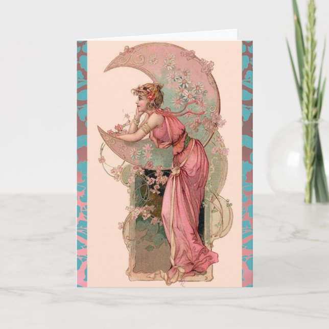 CARTE TAROTS /DAME DE LA LUNE, FLEURS, ROSES PINK, DAMAS (Devant)