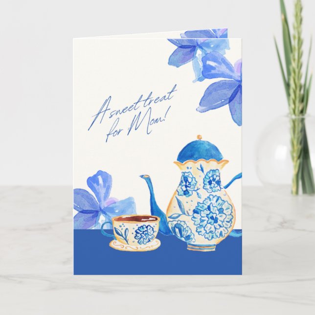 Carte Tasse à thé florale à l'aquarelle bleue (Devant)