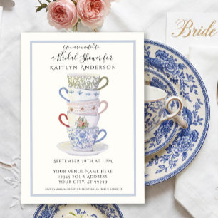 Carte Tasses à thé empilées aquarelle vintage bleue mari