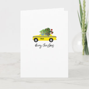 Carte Taxi jaune Cabine Joyeux Arbre de Noël NOM Fête