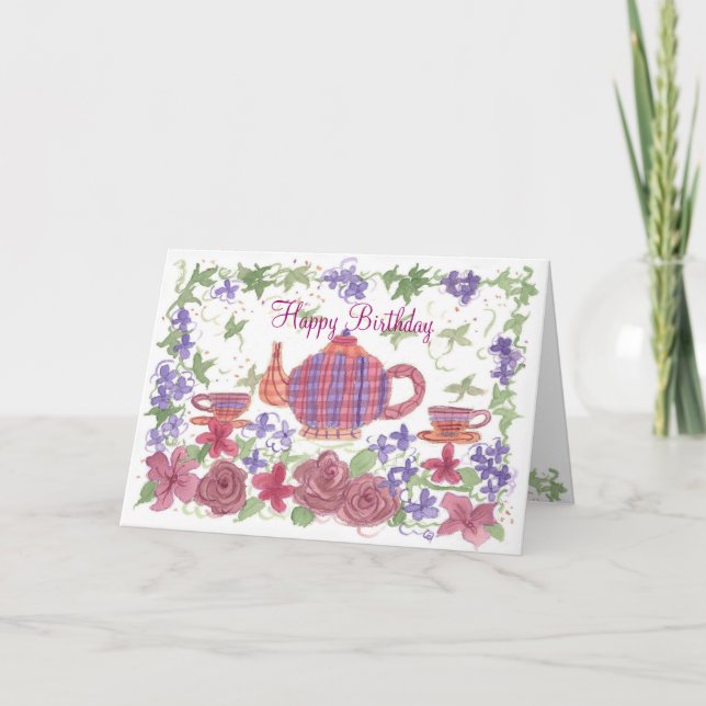 Carte Tea Time Teapot and Flowers Anniversaire Card (Devant)