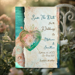 Carte Teal Blush Lace Heart Rococo Mariage Save the Date