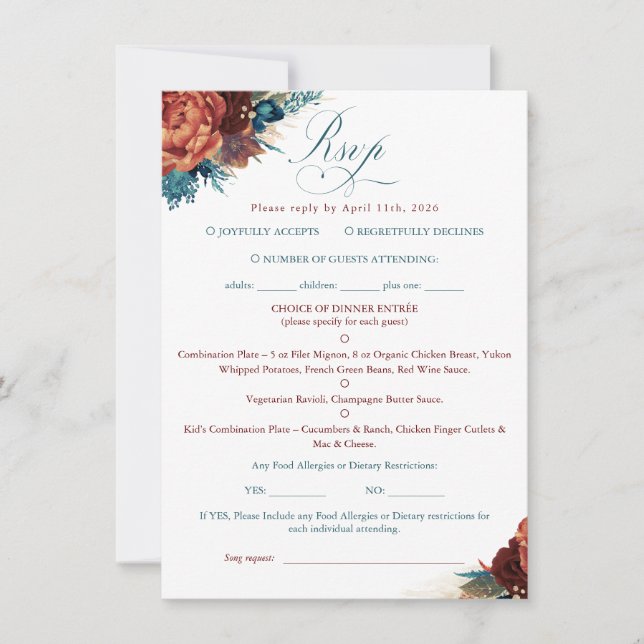 Carte Teal Terracotta Floral Boho Wedding RSVP Card (Devant)
