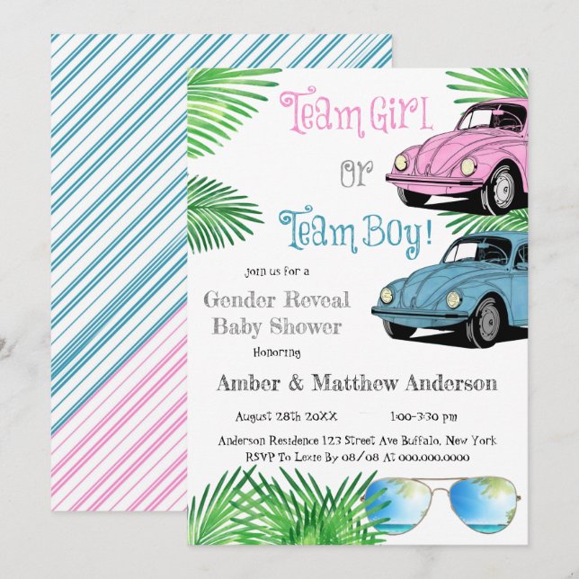 Carte Team Girl Team Boy Car Genre Reveal Baby shower (Devant / Derrière)