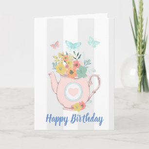 Carte Teapot rose avec Fleurs et Papillons Anniversaire