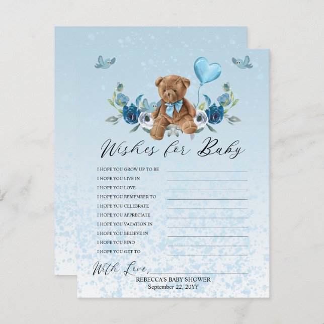 Carte Teddy Bear Blue Balloon Wives for Baby Game (Devant / Derrière)