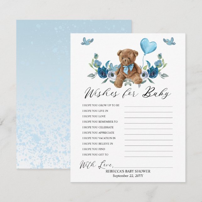 Carte Teddy Bear Blue Balloon Wives for Baby Game (Devant / Derrière)