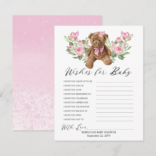 Carte Teddy Bear Rose Floral Wives for Baby Game (Devant / Derrière)