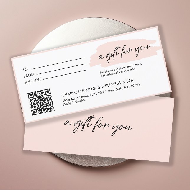 Carte tendance, moderne, écriture manuscrite, avec code  (Personalized, trendy, modern, handwriting, with qr-code, pink gift certificate.)