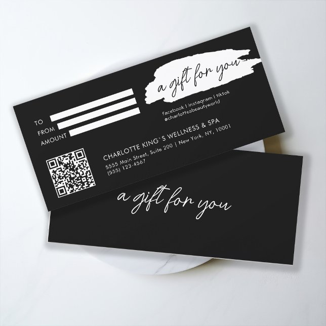 Carte tendance, moderne, écriture manuscrite, avec qr-co (Personalized, trendy, modern, handwriting, with qr-code, black gift certificate.)