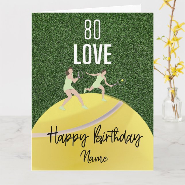 Carte Tennis 80e Anniversaire Joueur sur Vert (Fleur jaune)