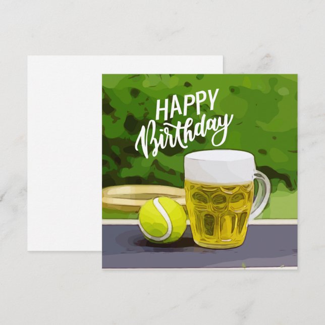Carte Tennis Anniversaire avec bière et raquette à balle (Devant / Derrière)