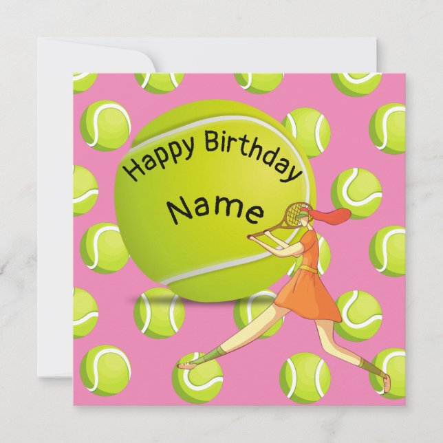 Carte Tennis Anniversaire avec joueur de tennis femme ro (Devant)