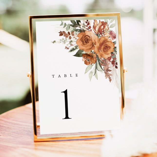 Carte Terracotta Boho Rose Floral Wedding Table Numbers (Terracotta rose floral wedding table number card with watercolor, elegant boho table, gold frame)