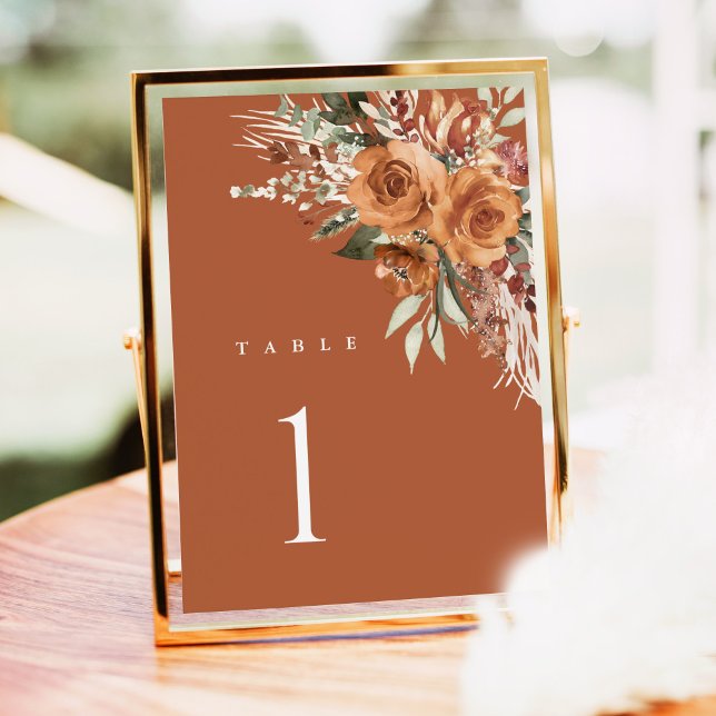 Carte Terracotta Boho Wedding Table Numbers, Rose Floral (Terracotta rose floral wedding table number card with watercolor, elegant boho table, framed indoor)