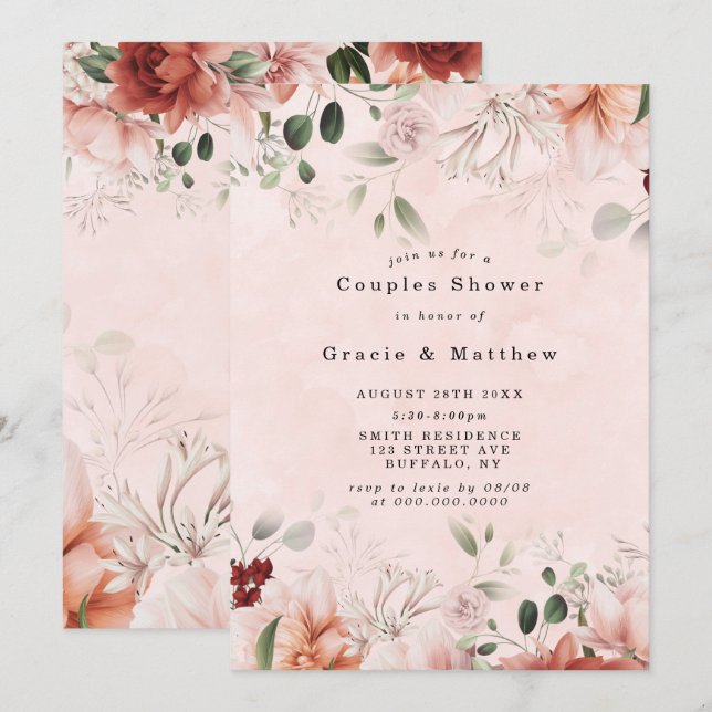 Carte Terracotta Printemps Automne Floral Couples Douche (Devant / Derrière)