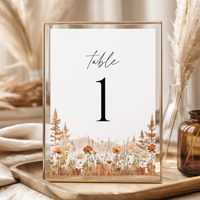 Carte Terracotta Wildflower Mountain Table Numbers (Terracotta wildflower mountain wedding table numbers, elegant boho rustic table decor in gold frame)