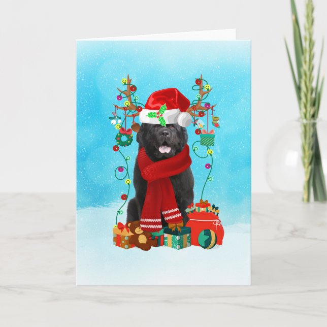 Carte Terre-Neuve dans la neige avec cadeaux de Noël (Devant)