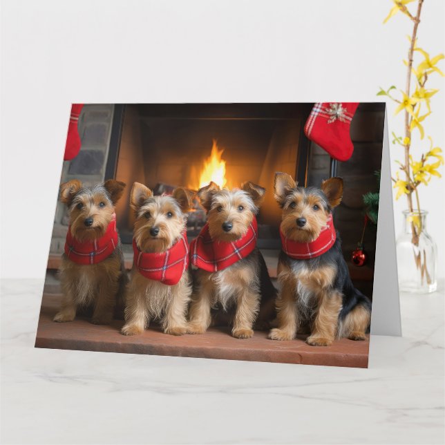 Carte Terrier australien près du feu Noël (Fleur jaune)
