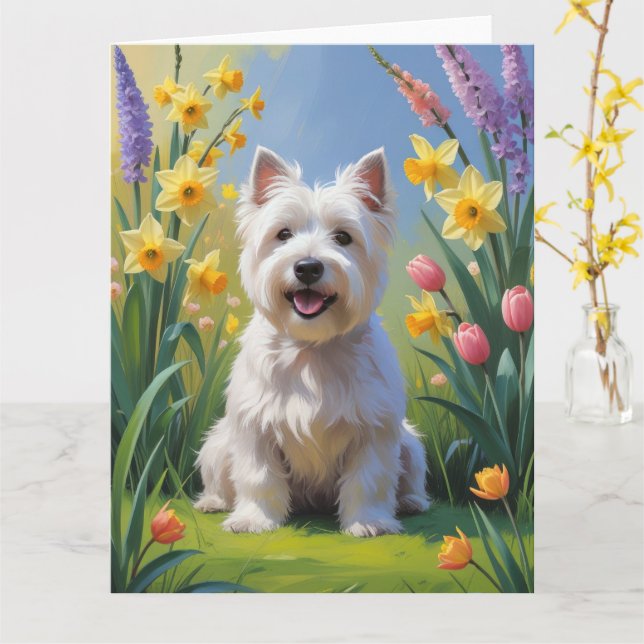 Carte Terrier blanc West Highland fleurs printanières  (Fleur jaune)
