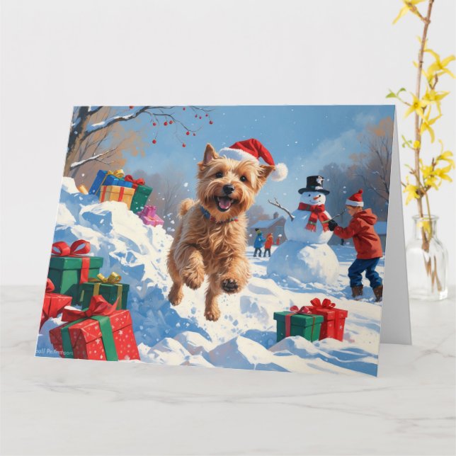 Carte Terrier rouillé en neige avec Casquette de Noël (Fleur jaune)