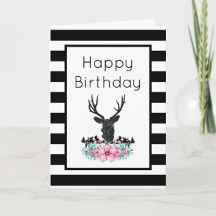 Carte Tête de cerf avec Fleurs et Montagnes Anniversaire