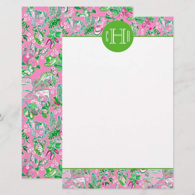 Carte Texas Pink & Green Preppy Motif Monogramme (Devant / Derrière)