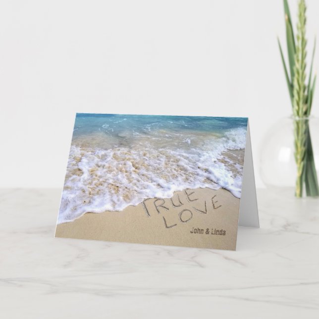 Carte texte d'amour vrai dans le sable de l'océan (Devant)