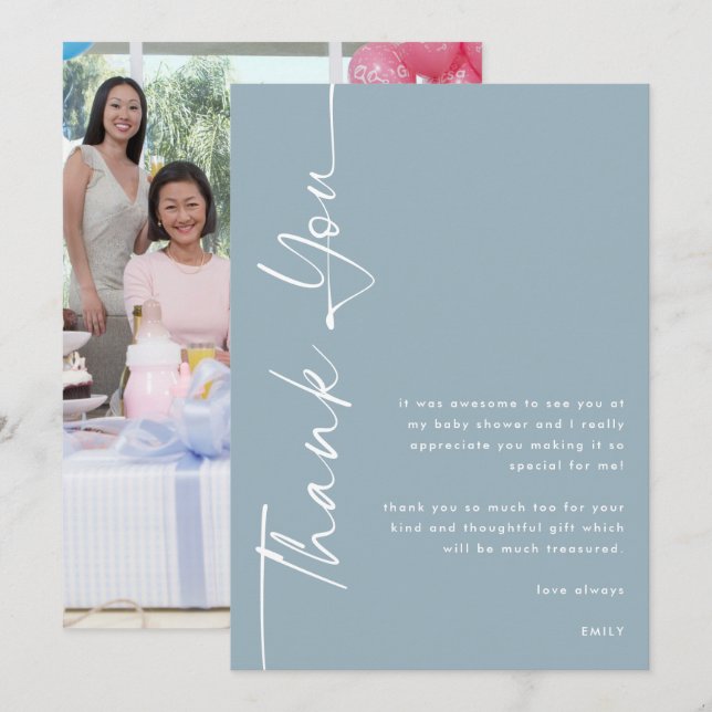Carte Texte pivoté photo Baby shower bleu Dusty Merci (Devant / Derrière)