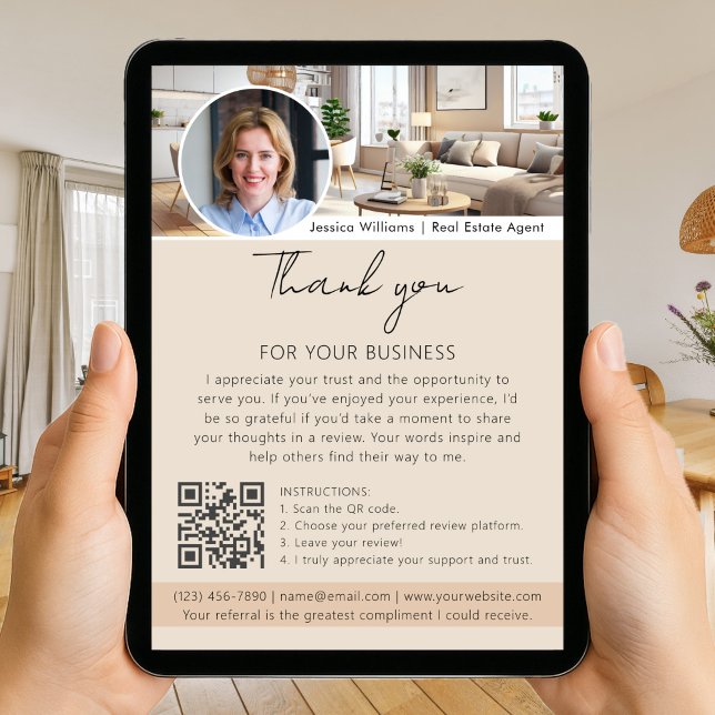Carte Thank You Review Request with QR Code Photo Beige (Créateur téléchargé)