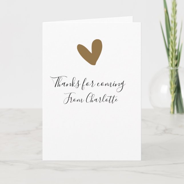 Carte thanks for coming add name text message gold heart (Devant)