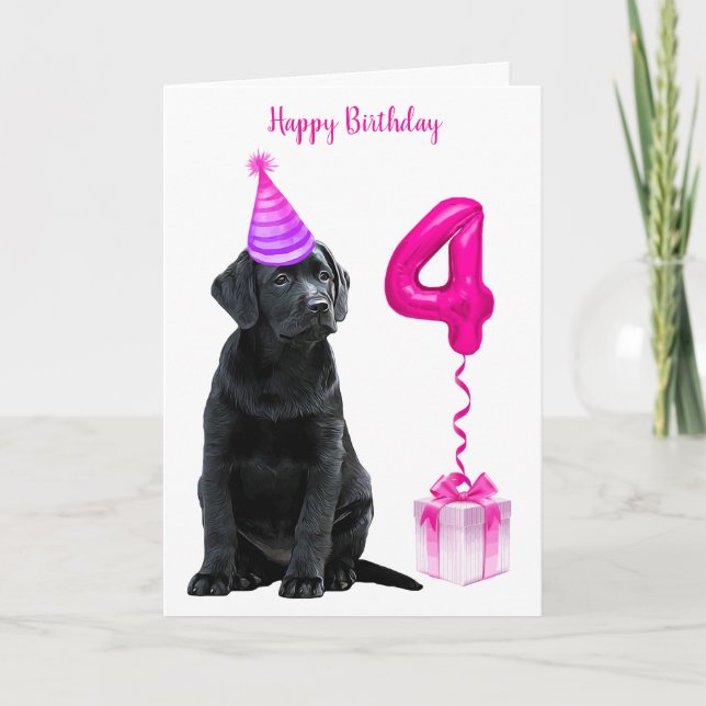 Carte Thème de chiot 4e anniversaire - mignon chien rose (Devant)