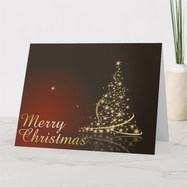 Carte Thème de Noël rouge avec arbre de Noël doré (Devant)