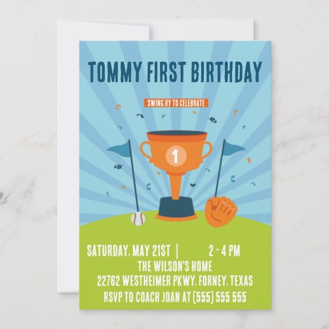 Carte Thème sportif pour le 1er anniversaire de baseball (Devant)