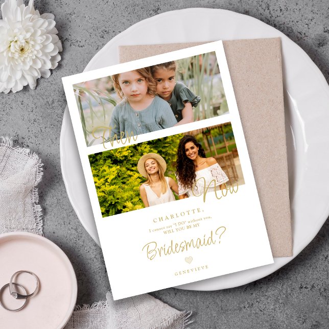 Carte Then & Now Elegant 2 Photos Bridesmaid Proposal (Then & Now Elegant Faux Gold Heart 2 Photos Bridesmaid Proposal Card with Envelope.)