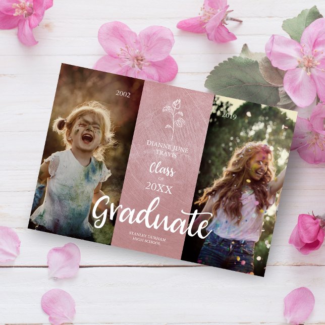 Carte Then & Now  Rose Graduation Photo Metal Texture (Créateur téléchargé)
