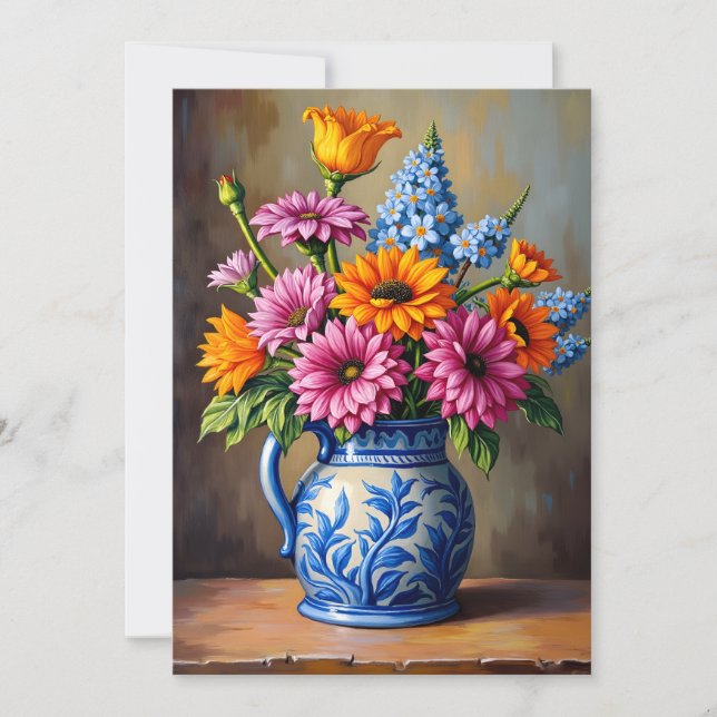 Carte Thinking of You Blue White Pitcher Bright Flowers (Devant)