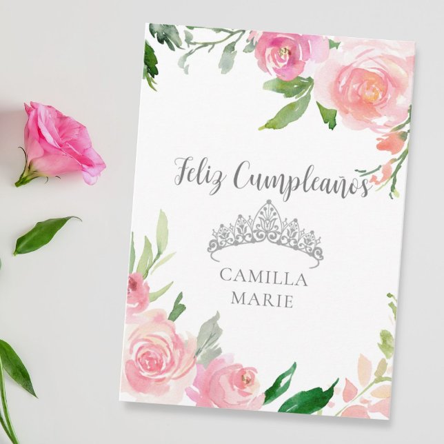 Carte Tiare Floral Rose Chic Argenté Feliz Cumpleaños (Créateur téléchargé)