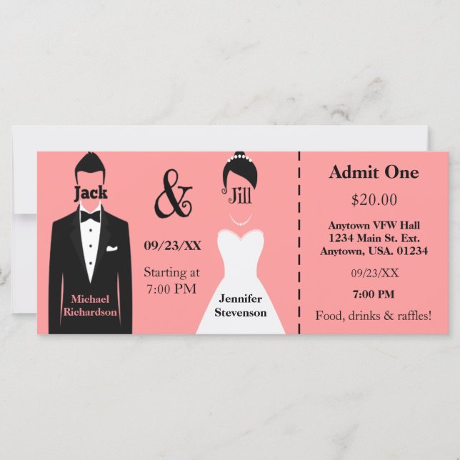 Carte Ticket Jack et Jill Shower Groom rose et Bride (Devant)
