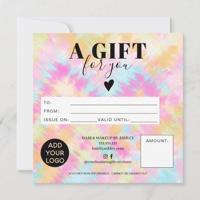 Carte Tie teinture pastel boho carré certificat cadeau l (Devant)