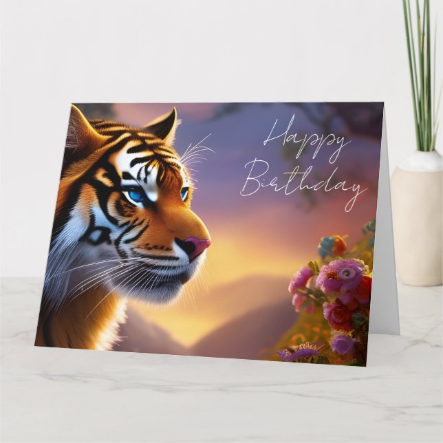 Carte Tigre bleu et fleurs roses (Devant)