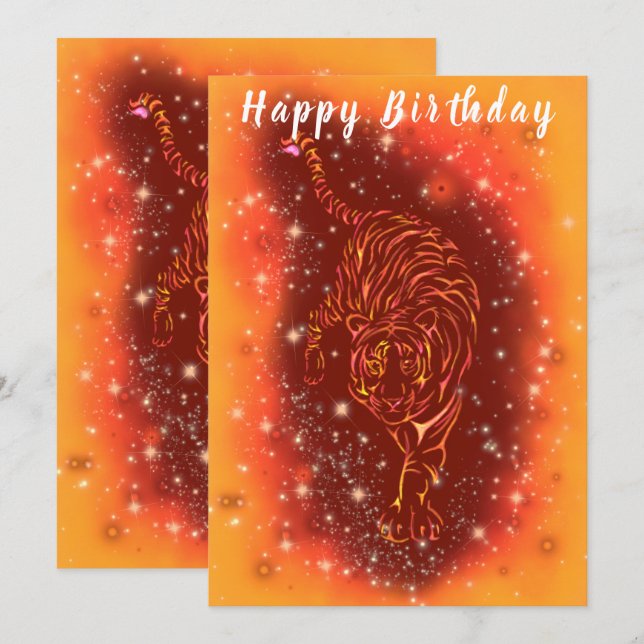 Carte Tigre De Feu Courant À Starry Night - Anniversaire (Devant / Derrière)