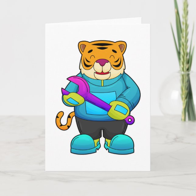 Carte Tigre en mécanicien avec clé à écrou (Devant)