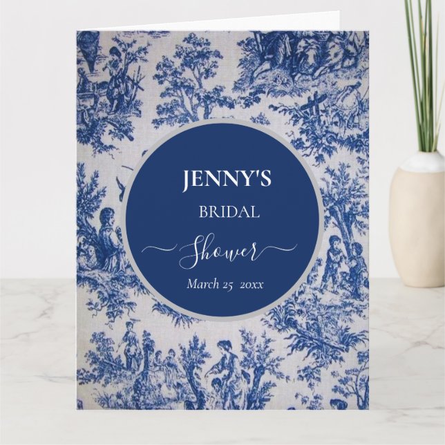 Carte Toile de Jouy Fête des mariées bleue et blanche (Devant)
