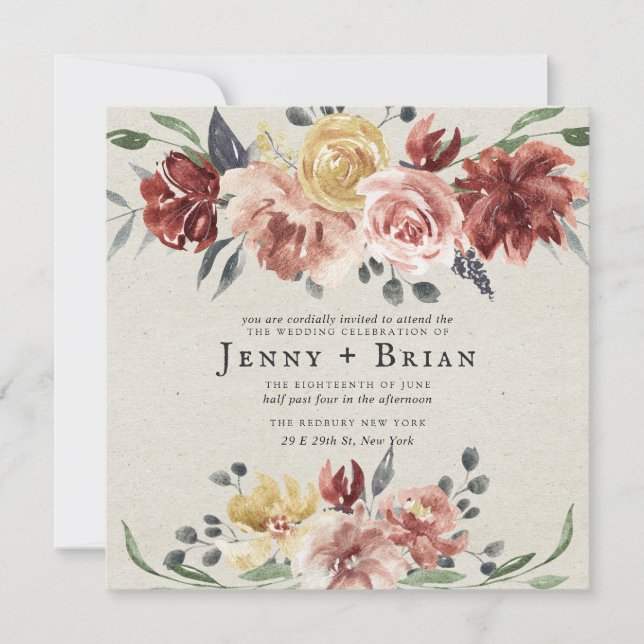 Carte Tomber dans l'amour | Rustic Bloom Carré Mariage (Devant)