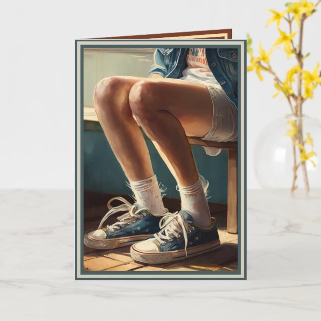 Carte "Tomboy" avec shorts en jean et chaussures de tenn (Fleur jaune)